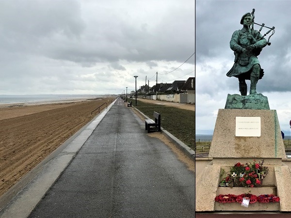 Bill Milling che cammina fiero sulla spiaggia di Sword beach suonando la libertà portata dallo sbarco in Normandia.