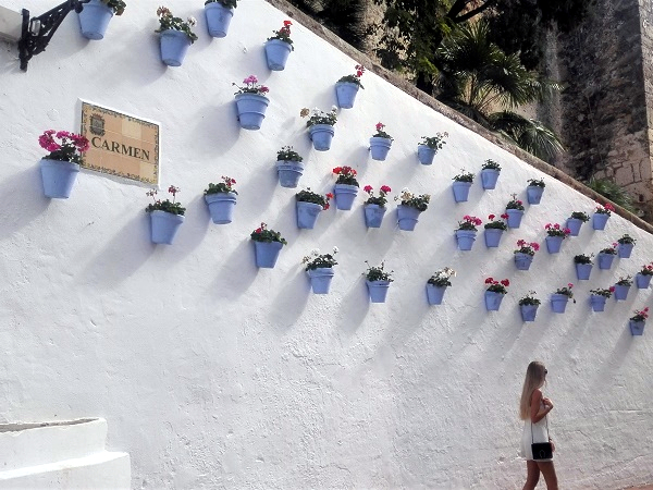 Uno scorcio di una via di Marbella, con caratteristici vasi di fiori colorati su un muro.